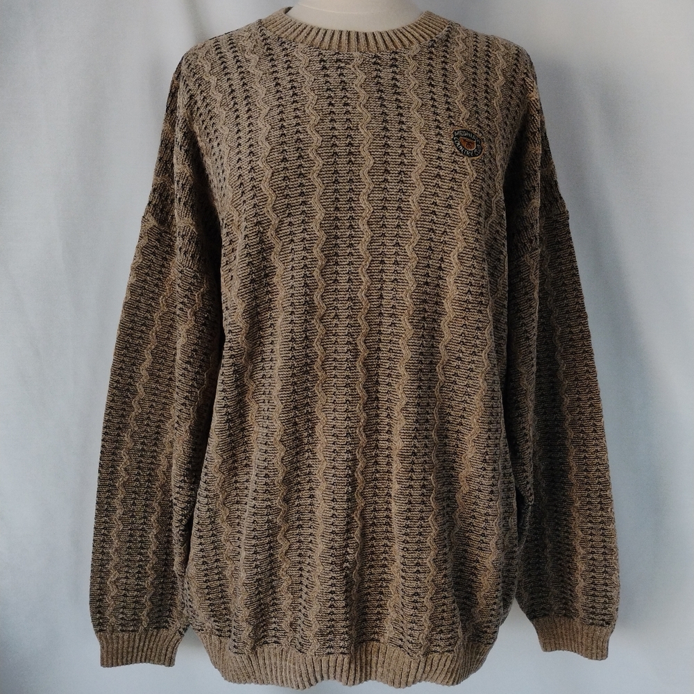 Men's Vintage Tundra Canada Tan & Black 3D Textured Knit Cosby Sweater Crew Neck
